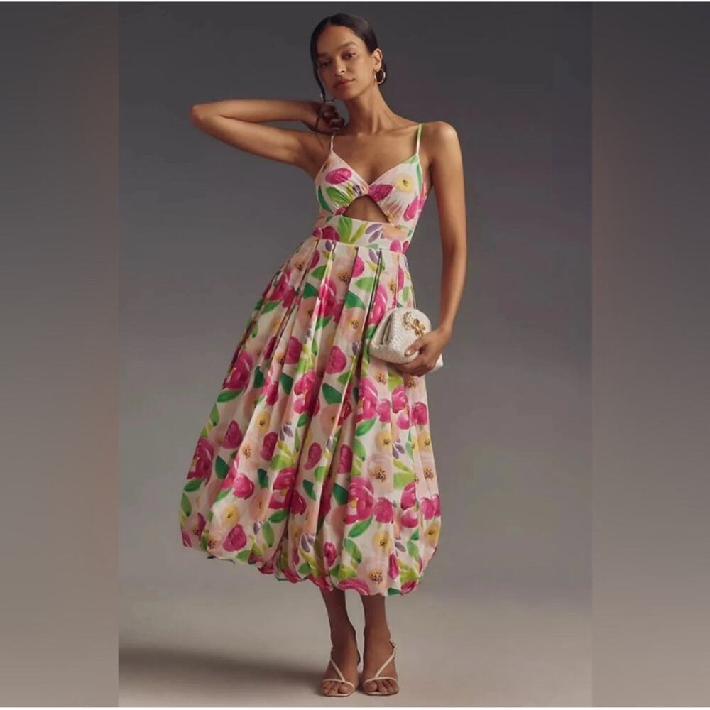 Hutch Floral Garden Sleeveless V-Neck Cutout Balloon Midi Dress Small Garden NWT